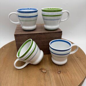 Starbucks 2007 Set of 4 Green & Blue Stripped Heavy Ceramic Mugs 3oz  espresso c